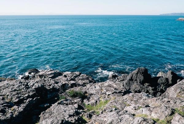 Coastline of rocky cliff facing Pacific Ocean.