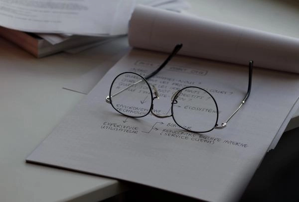Glasses on a stack of papers