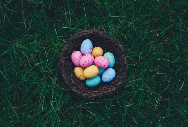 Basket of easter eggs on grass
