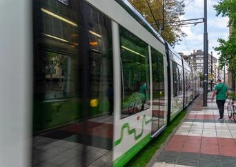 Electric tram riding through the city of Charlotte, North Carolina